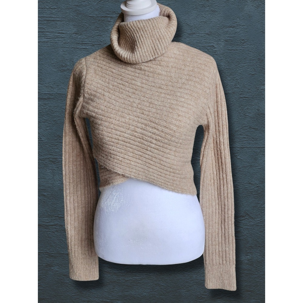 Crescent CT7819 Ribbed Wrap Front Cropped Turtleneck Sweater Womens XS Tan Marl